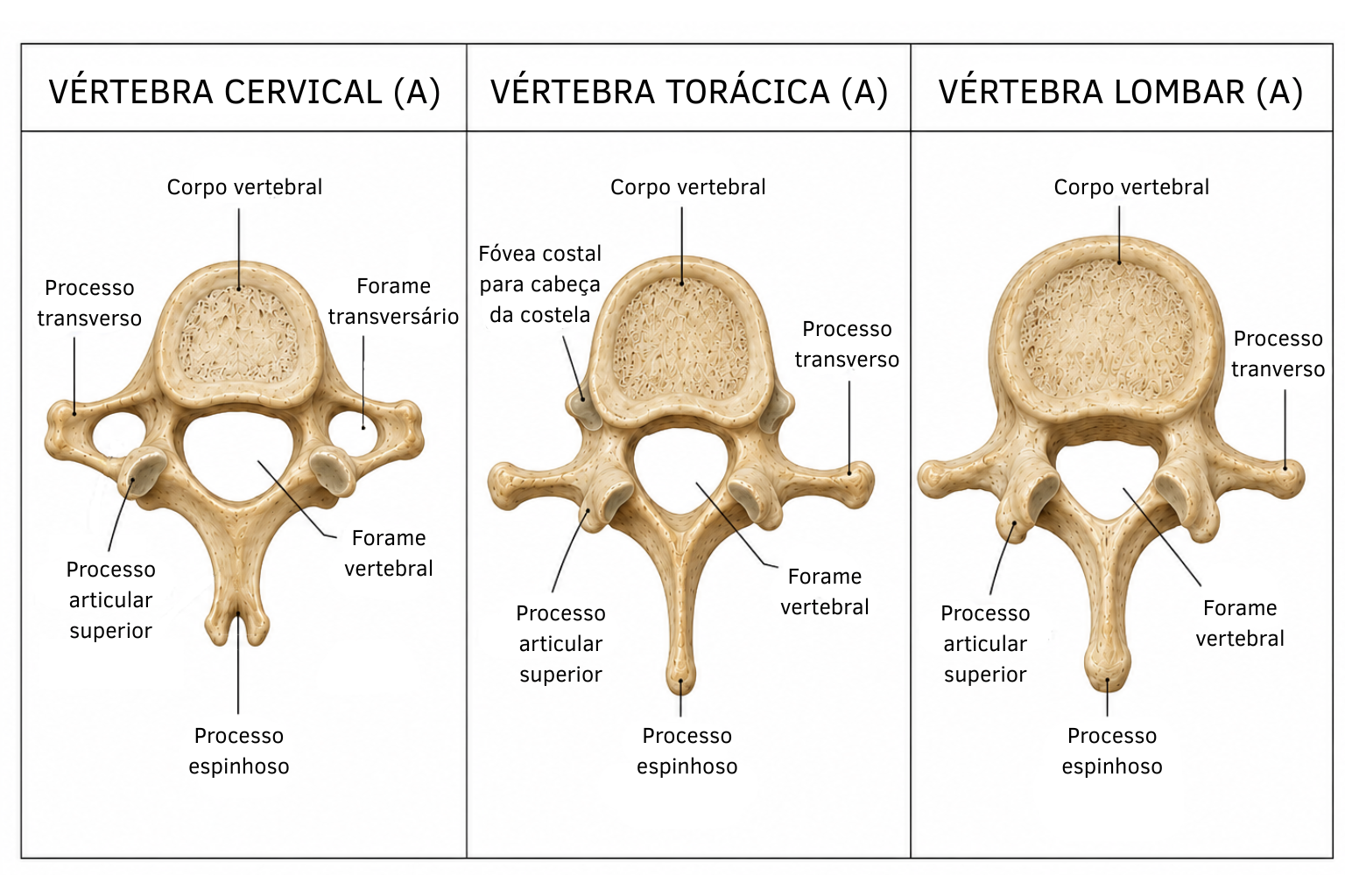 Comparação anatômica entre vértebras cervical, torácica e lombar